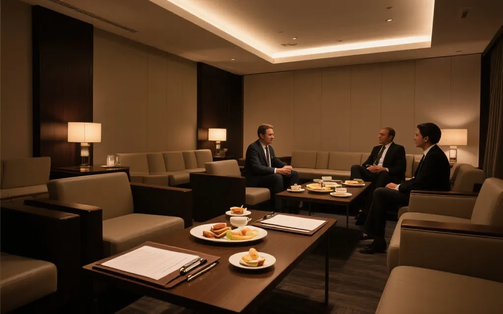商务招待在休息区交流的氛围图