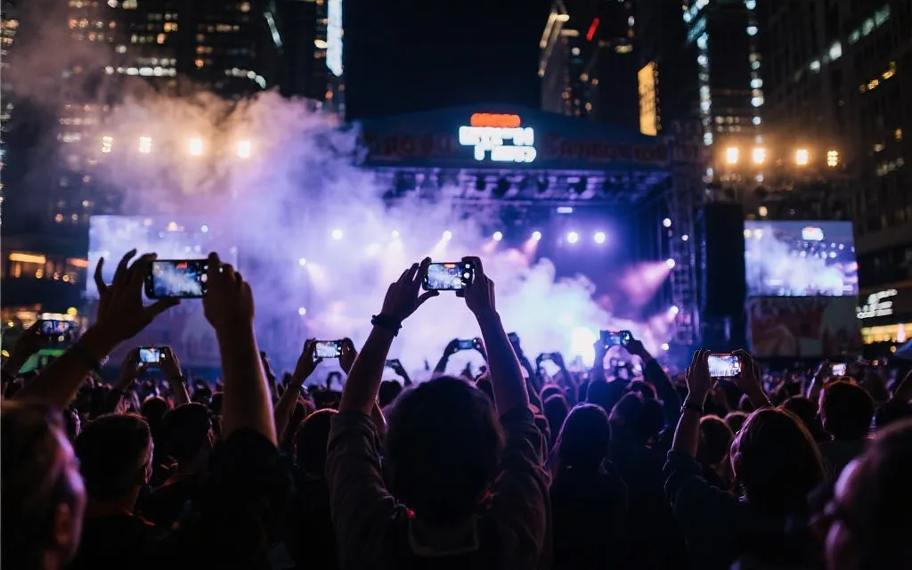 城市音乐节舞台与观众举起手机拍摄的现场氛围图