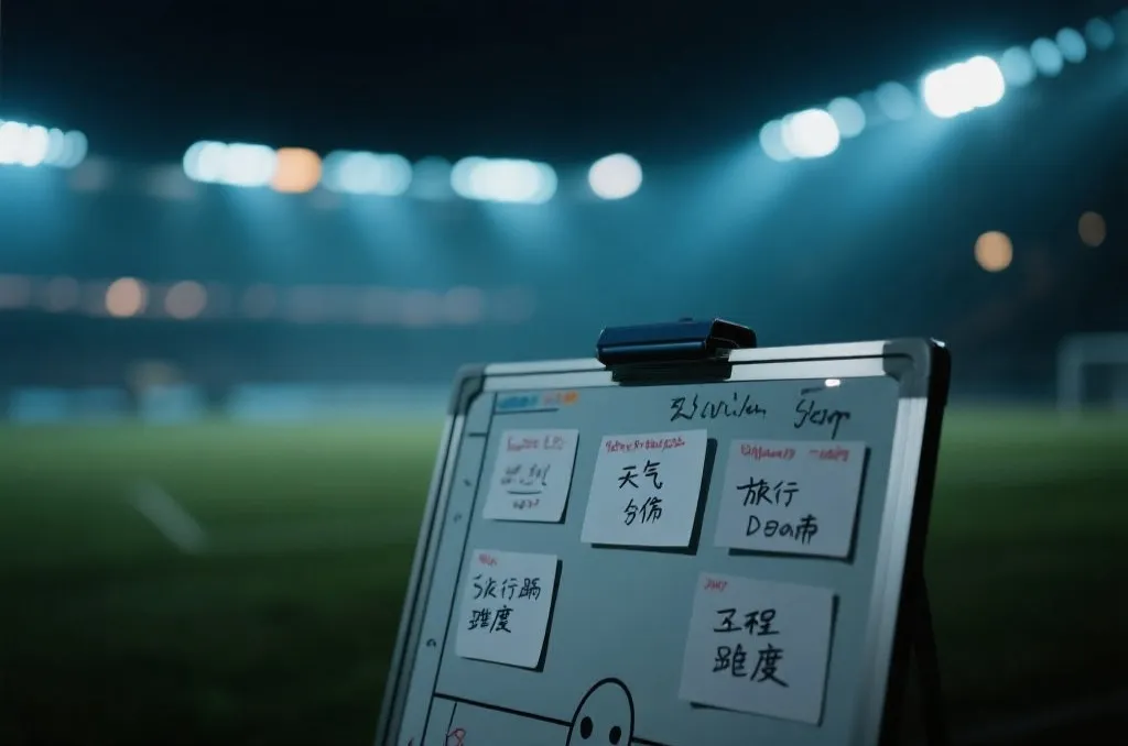 夜晚球场灯光下的比分分析笔记，包含天气、伤病、旅行距离等字段，旁边是战术板